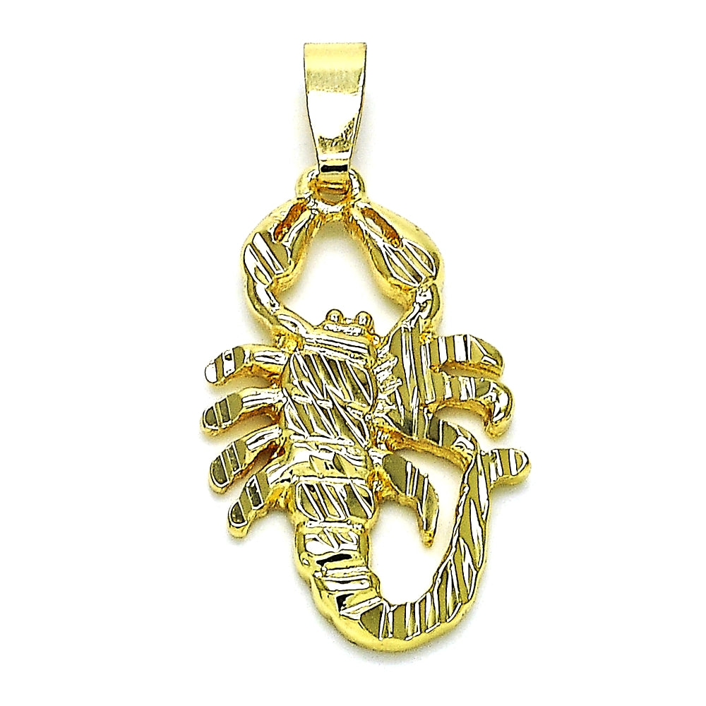 Oro Laminado Fancy Pendant, Gold Filled Style Scorpion Design, Diamond Cutting Finish, Golden Finish