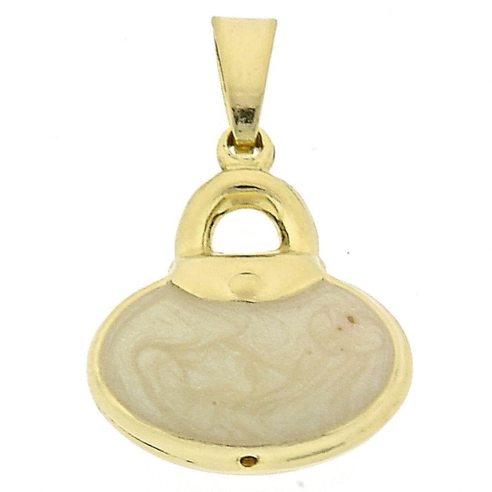 Oro Laminado Fancy Pendant, Gold Filled Style Purse Design, White Enamel Finish, Golden Finish
