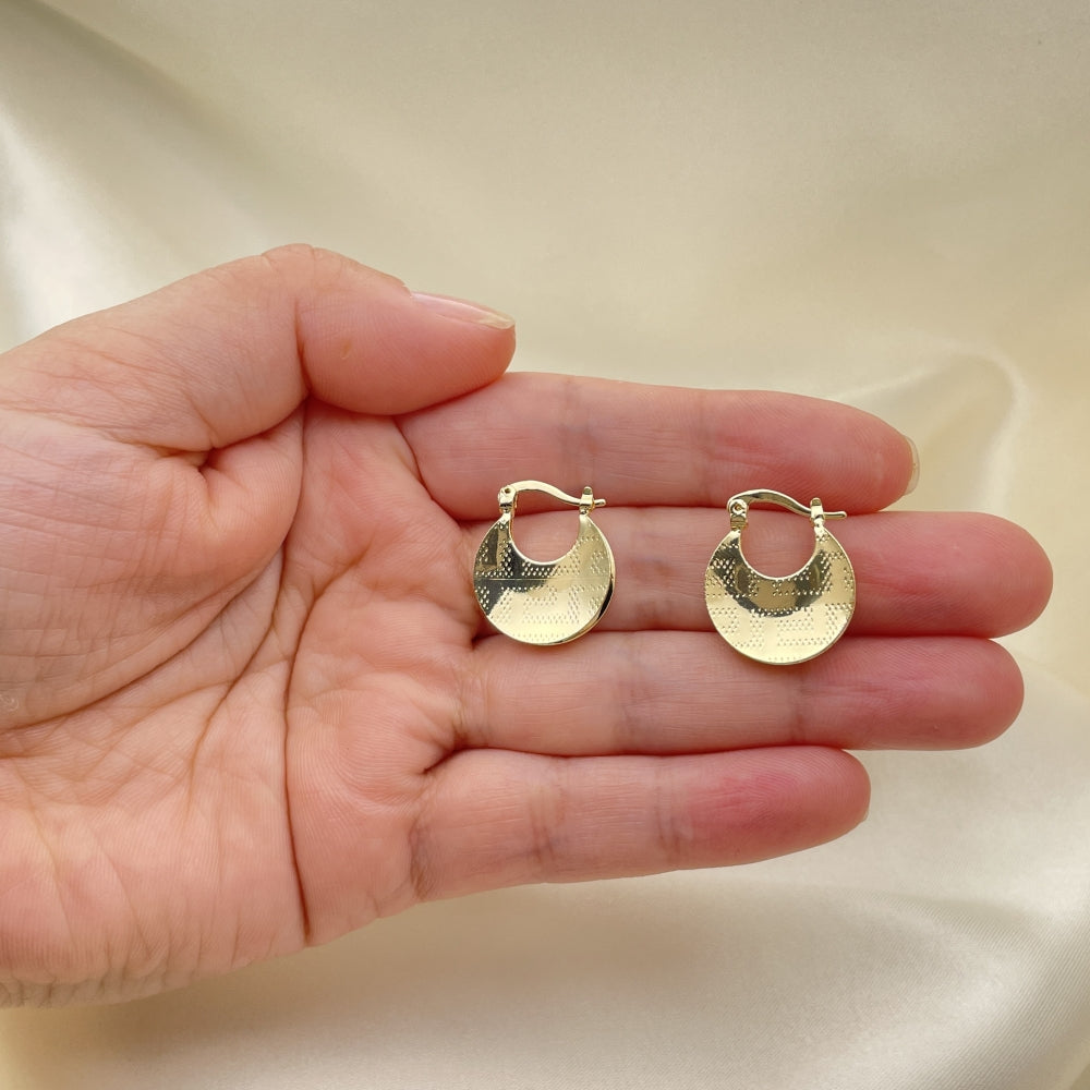 Oro Laminado Small Hoop, Gold Filled Style Greek Key Design, Diamond Cutting Finish, Golden Finish