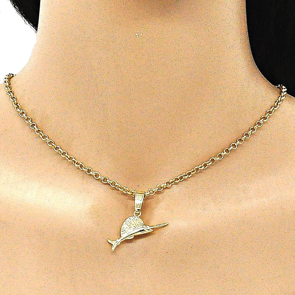 Oro Laminado Fancy Pendant, Gold Filled Style Fish Design, Diamond Cutting Finish, Golden Finish