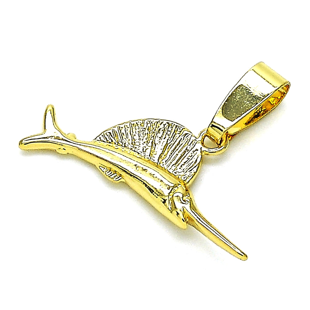 Oro Laminado Fancy Pendant, Gold Filled Style Fish Design, Diamond Cutting Finish, Golden Finish