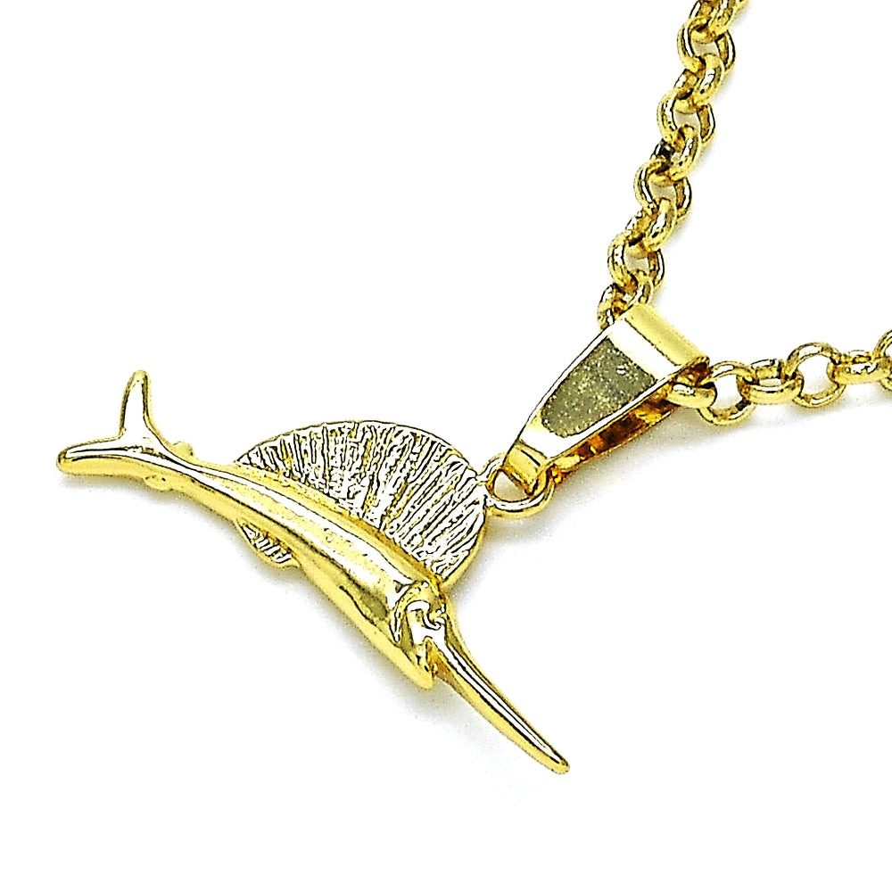 Oro Laminado Fancy Pendant, Gold Filled Style Fish Design, Diamond Cutting Finish, Golden Finish