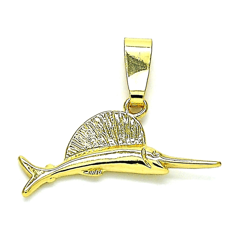 Oro Laminado Fancy Pendant, Gold Filled Style Fish Design, Diamond Cutting Finish, Golden Finish
