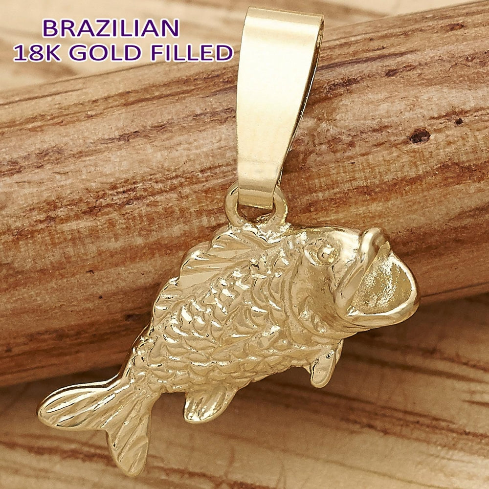 Oro Laminado Fancy Pendant, Gold Filled Style Fish Design, Diamond Cutting Finish, Golden Finish