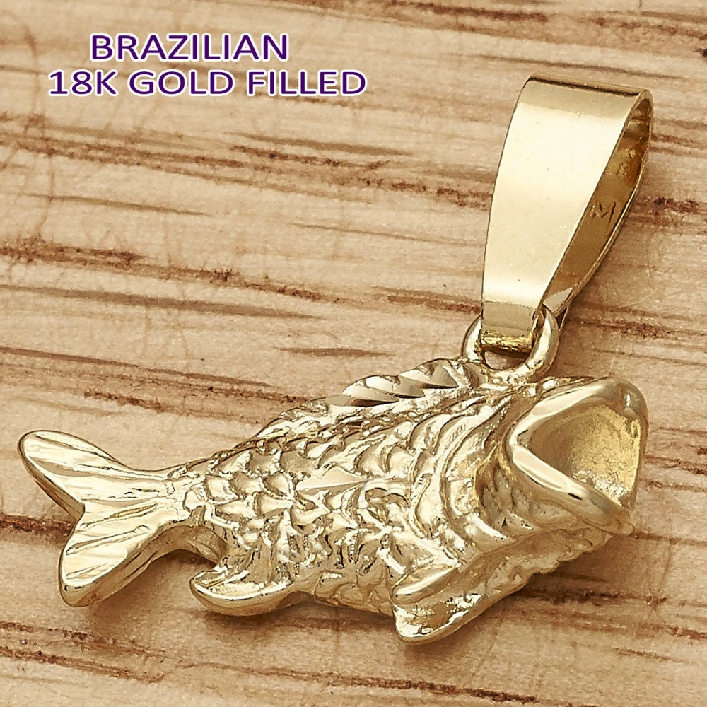 Oro Laminado Fancy Pendant, Gold Filled Style Fish Design, Diamond Cutting Finish, Golden Finish
