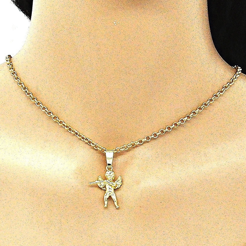 Oro Laminado Religious Pendant, Gold Filled Style Angel Design, Diamond Cutting Finish, Golden Finish