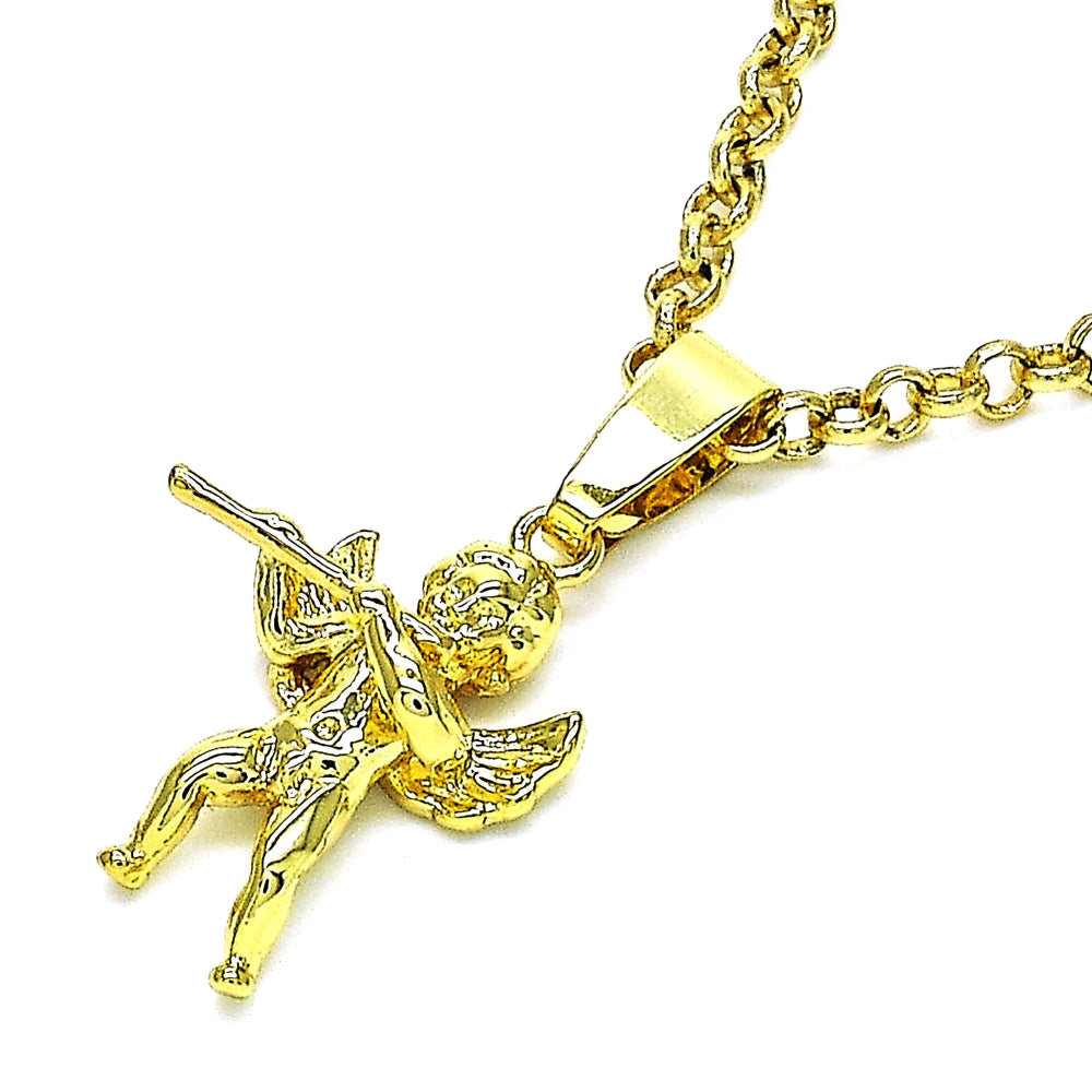 Oro Laminado Religious Pendant, Gold Filled Style Angel Design, Diamond Cutting Finish, Golden Finish
