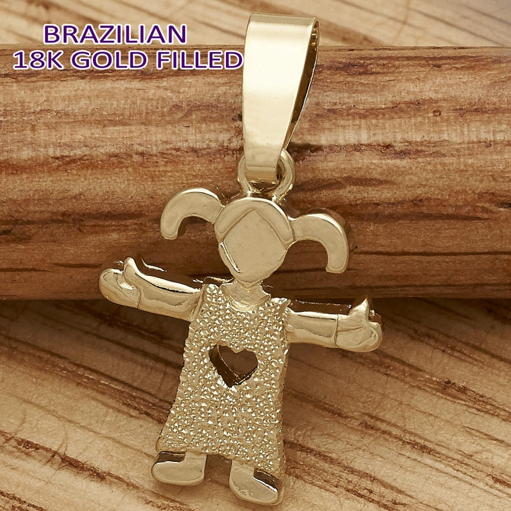 Oro Laminado Fancy Pendant, Gold Filled Style Little Girl and Heart Design, Matte Finish, Golden Finish