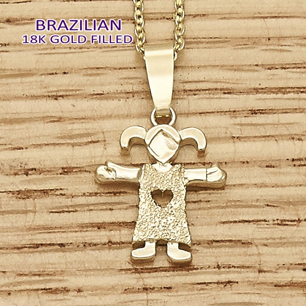 Oro Laminado Fancy Pendant, Gold Filled Style Little Girl and Heart Design, Matte Finish, Golden Finish
