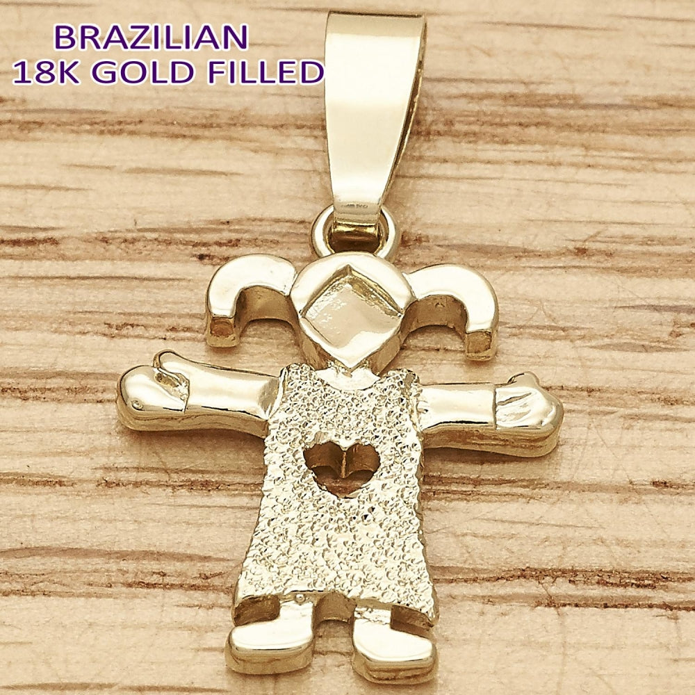 Oro Laminado Fancy Pendant, Gold Filled Style Little Girl and Heart Design, Matte Finish, Golden Finish