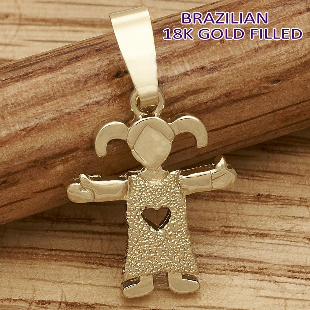 Oro Laminado Fancy Pendant, Gold Filled Style Little Girl and Heart Design, Matte Finish, Golden Finish