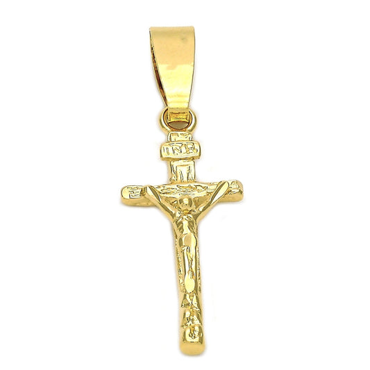 Oro Laminado Religious Pendant, Gold Filled Style Crucifix Design, Diamond Cutting Finish, Golden Finish