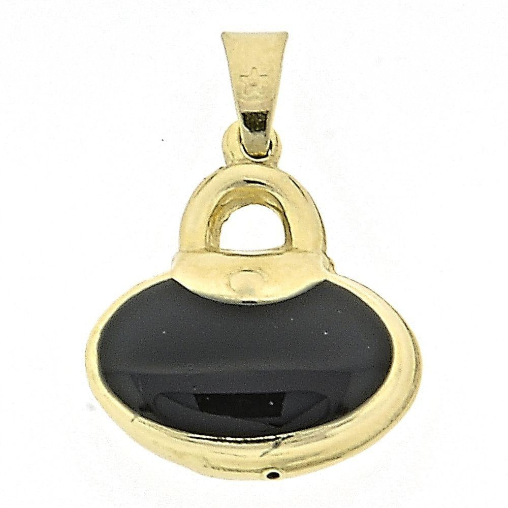 Oro Laminado Fancy Pendant, Gold Filled Style Purse Design, Black Enamel Finish, Golden Finish