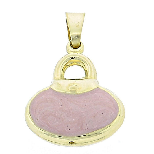 Oro Laminado Fancy Pendant, Gold Filled Style Purse Design, Pink Enamel Finish, Golden Finish