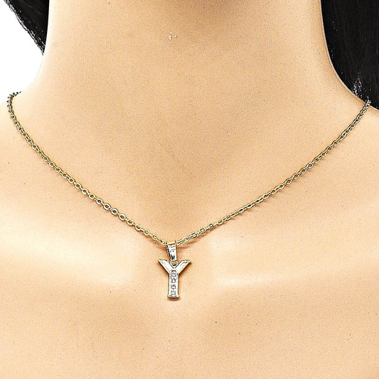 Oro Laminado Fancy Pendant, Gold Filled Style Initials Design, with White Crystal, Polished, Golden Finish