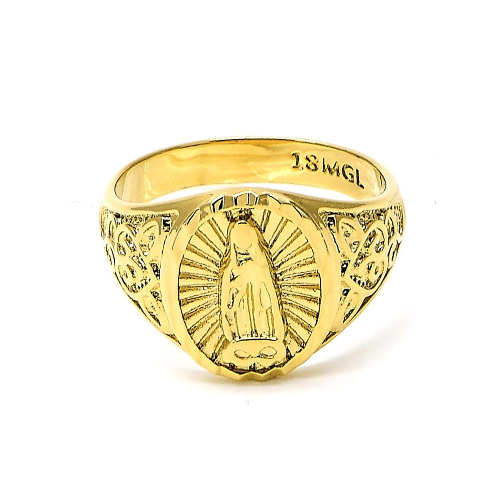 Oro Laminado Mens Ring, Gold Filled Style Guadalupe Design, Diamond Cutting Finish, Golden Finish