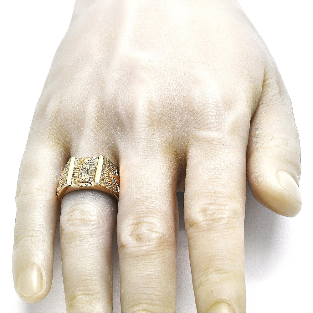 Oro Laminado Mens Ring, Gold Filled Style Guadalupe Design, Diamond Cutting Finish, Golden Finish