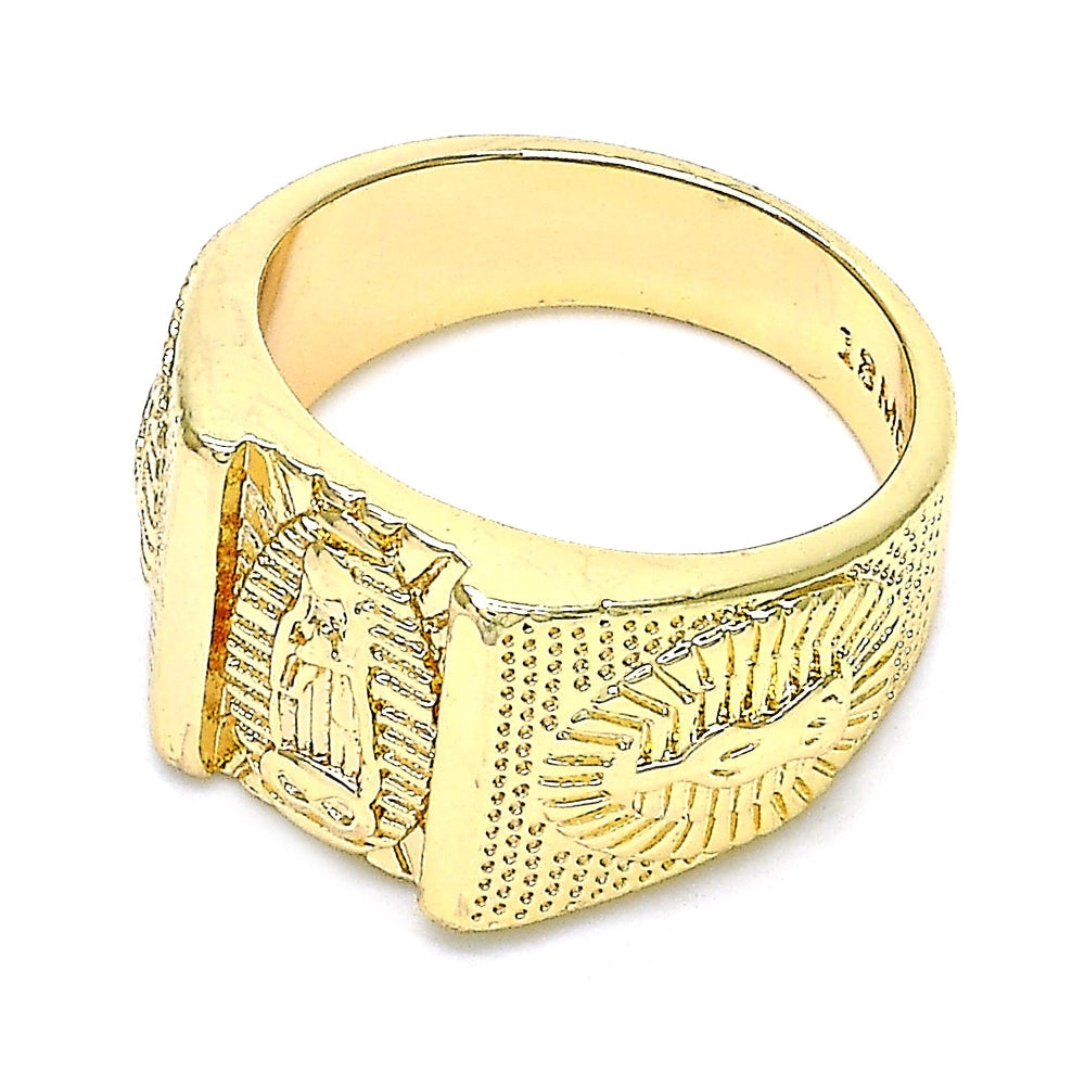 Oro Laminado Mens Ring, Gold Filled Style Guadalupe Design, Diamond Cutting Finish, Golden Finish