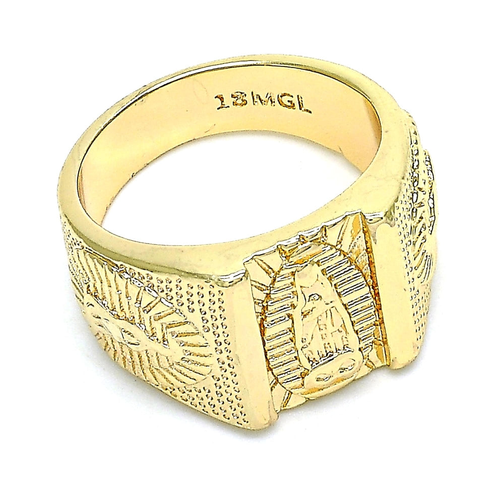 Oro Laminado Mens Ring, Gold Filled Style Guadalupe Design, Diamond Cutting Finish, Golden Finish