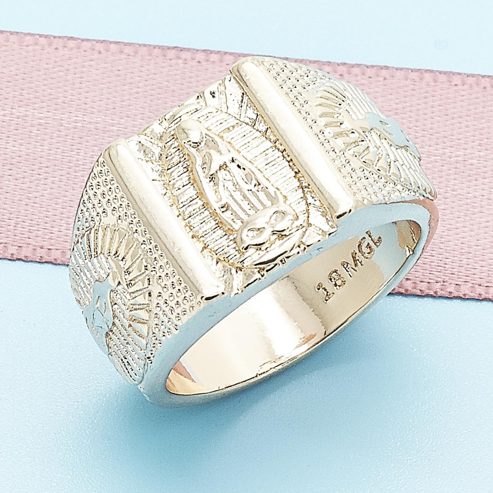 Oro Laminado Mens Ring, Gold Filled Style Guadalupe Design, Diamond Cutting Finish, Golden Finish