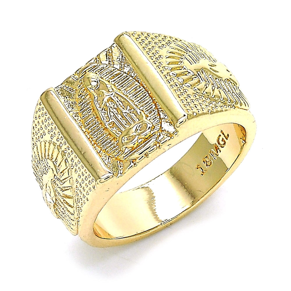 Oro Laminado Mens Ring, Gold Filled Style Guadalupe Design, Diamond Cutting Finish, Golden Finish