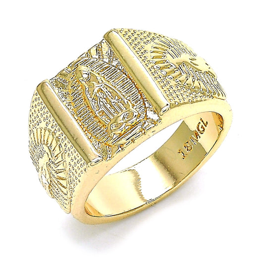 Oro Laminado Mens Ring, Gold Filled Style Guadalupe Design, Diamond Cutting Finish, Golden Finish
