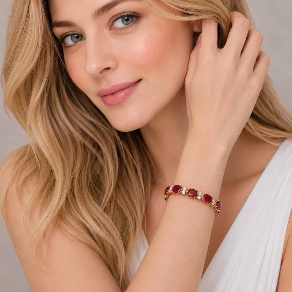 Oro Laminado Tennis Bracelet, Gold Filled Style Cluster Design, with Garnet and White Cubic Zirconia, Polished, Golden Finish