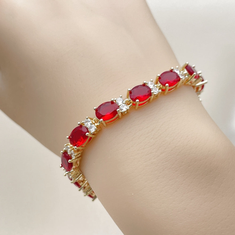 Oro Laminado Tennis Bracelet, Gold Filled Style Cluster Design, with Garnet and White Cubic Zirconia, Polished, Golden Finish