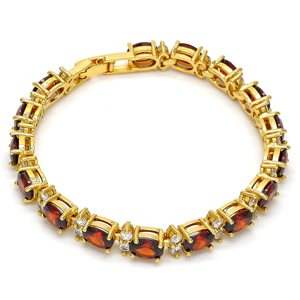 Oro Laminado Tennis Bracelet, Gold Filled Style Cluster Design, with Garnet and White Cubic Zirconia, Polished, Golden Finish