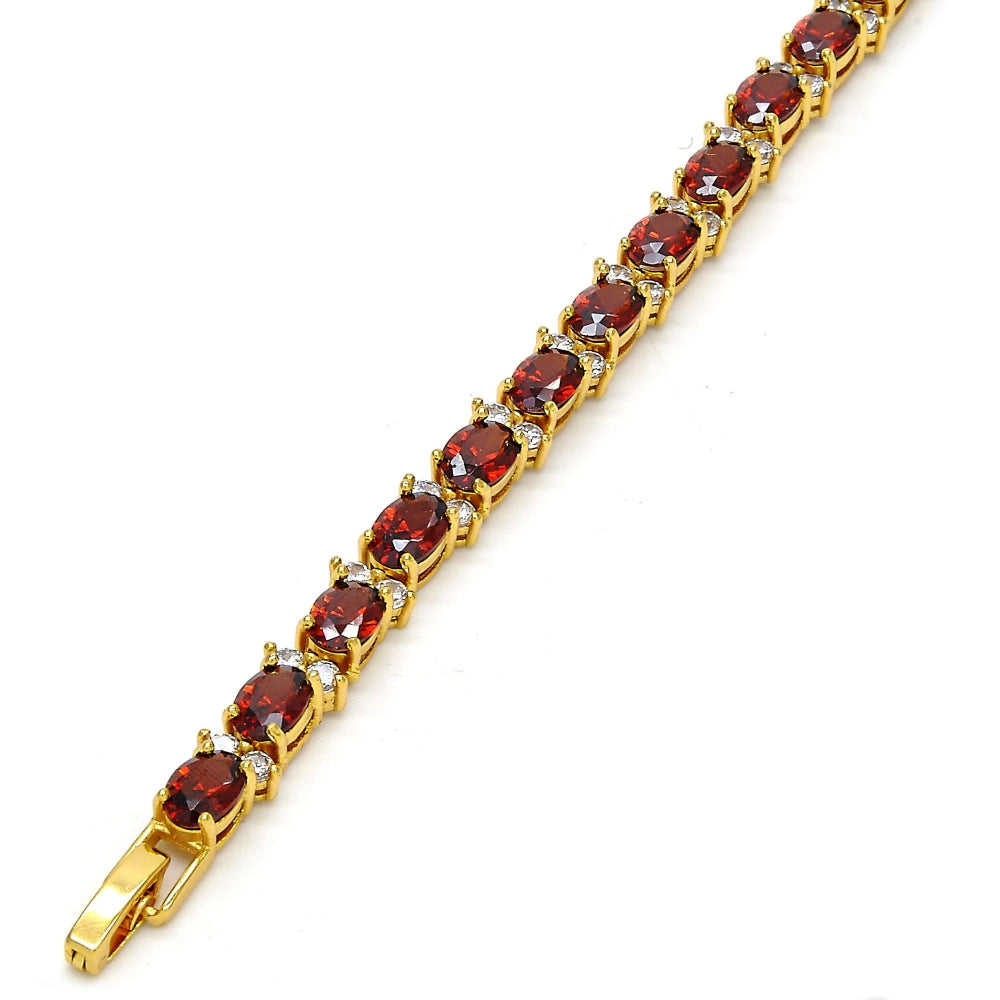 Oro Laminado Tennis Bracelet, Gold Filled Style Cluster Design, with Garnet and White Cubic Zirconia, Polished, Golden Finish
