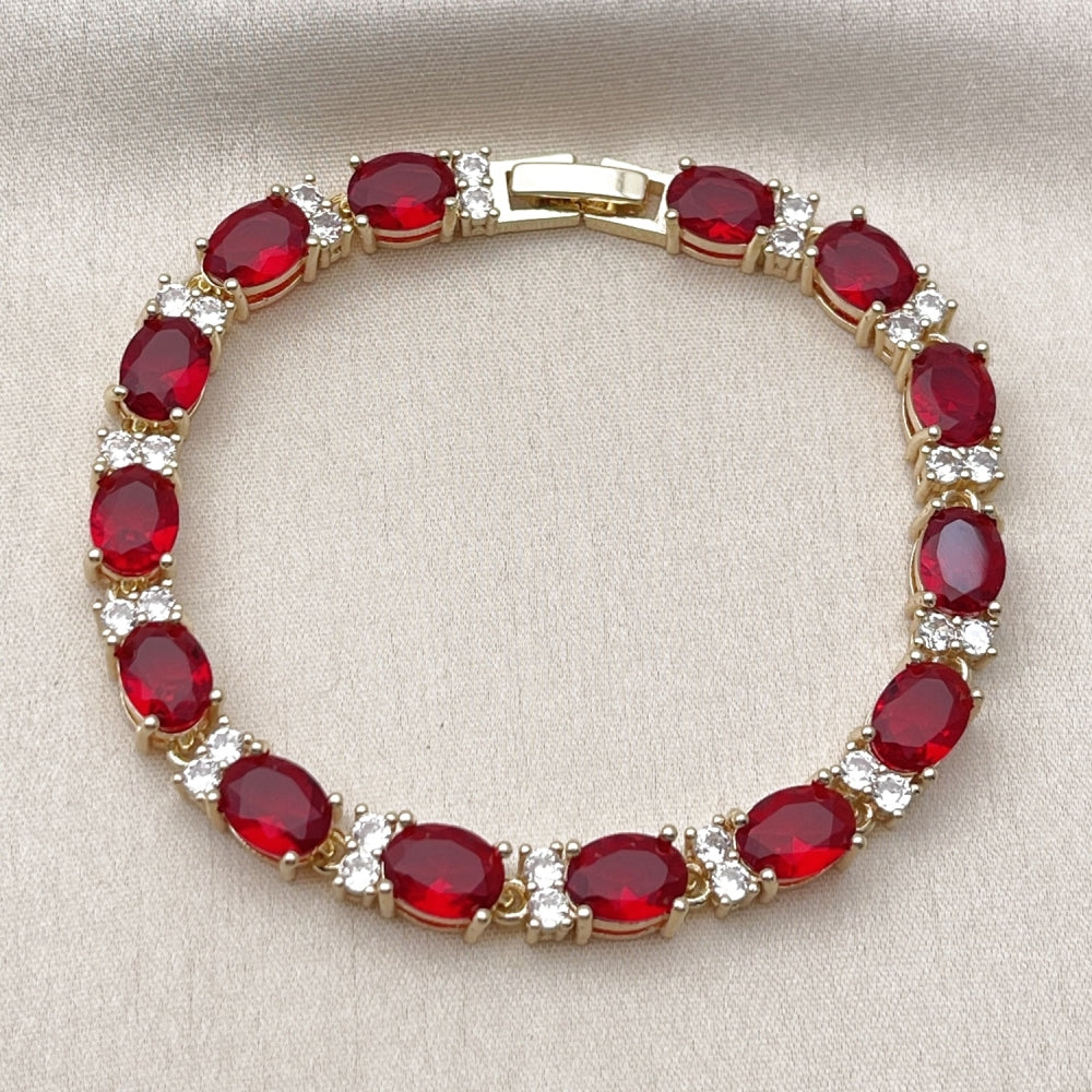 Oro Laminado Tennis Bracelet, Gold Filled Style Cluster Design, with Garnet and White Cubic Zirconia, Polished, Golden Finish