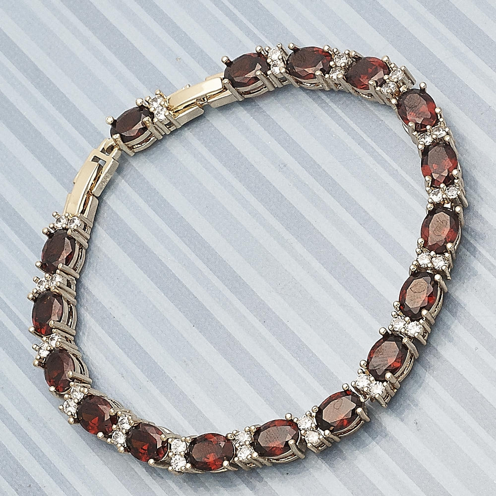 Oro Laminado Tennis Bracelet, Gold Filled Style Cluster Design, with Garnet and White Cubic Zirconia, Polished, Golden Finish