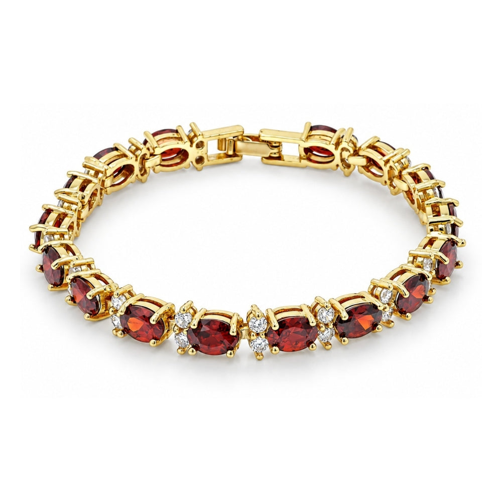 Oro Laminado Tennis Bracelet, Gold Filled Style Cluster Design, with Garnet and White Cubic Zirconia, Polished, Golden Finish