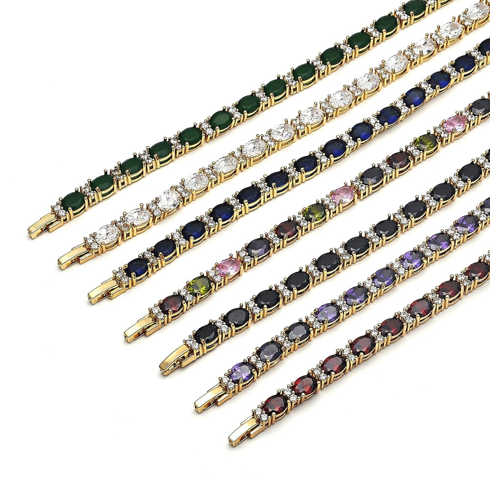 Oro Laminado Tennis Bracelet, Gold Filled Style Cluster Design, with Garnet and White Cubic Zirconia, Polished, Golden Finish