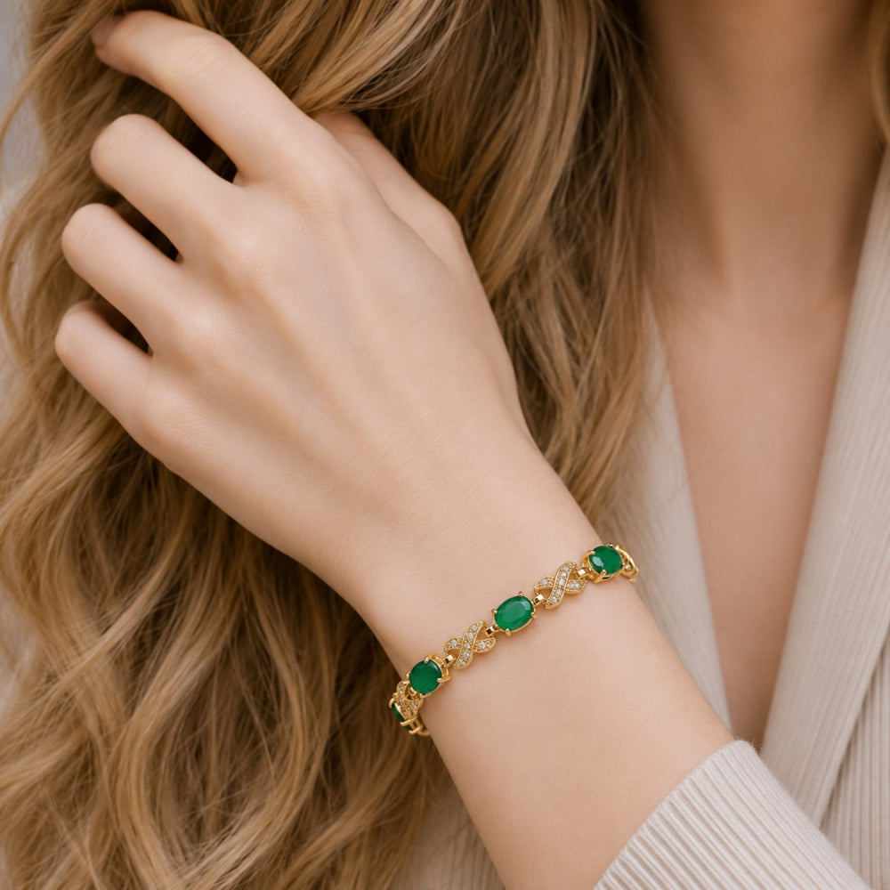Oro Laminado Tennis Bracelet, Gold Filled Style Hugs and Kisses Design, with Green Cubic Zirconia and White Micro Pave, Polished, Golden Finish