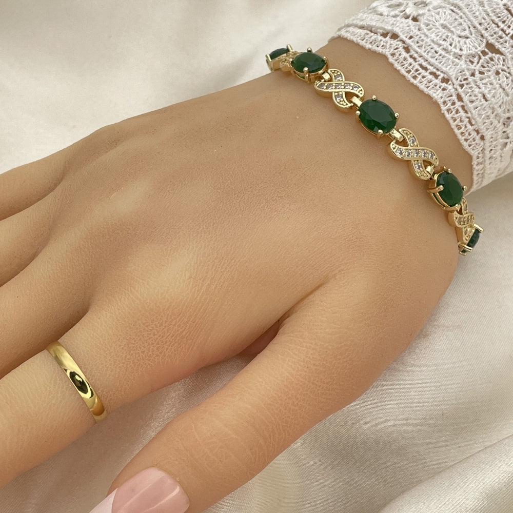 Oro Laminado Tennis Bracelet, Gold Filled Style Hugs and Kisses Design, with Green Cubic Zirconia and White Micro Pave, Polished, Golden Finish