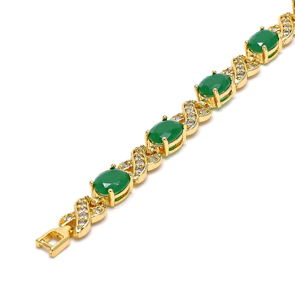 Oro Laminado Tennis Bracelet, Gold Filled Style Hugs and Kisses Design, with Green Cubic Zirconia and White Micro Pave, Polished, Golden Finish