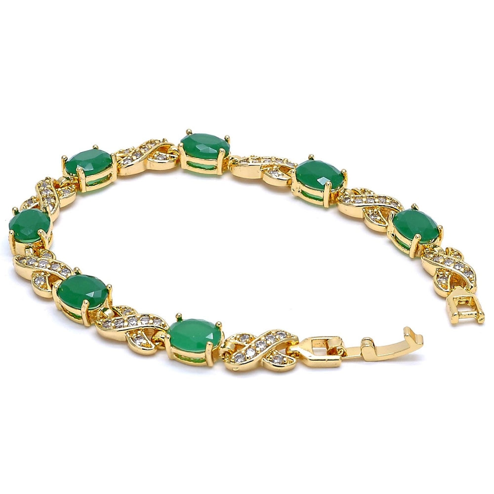 Oro Laminado Tennis Bracelet, Gold Filled Style Hugs and Kisses Design, with Green Cubic Zirconia and White Micro Pave, Polished, Golden Finish