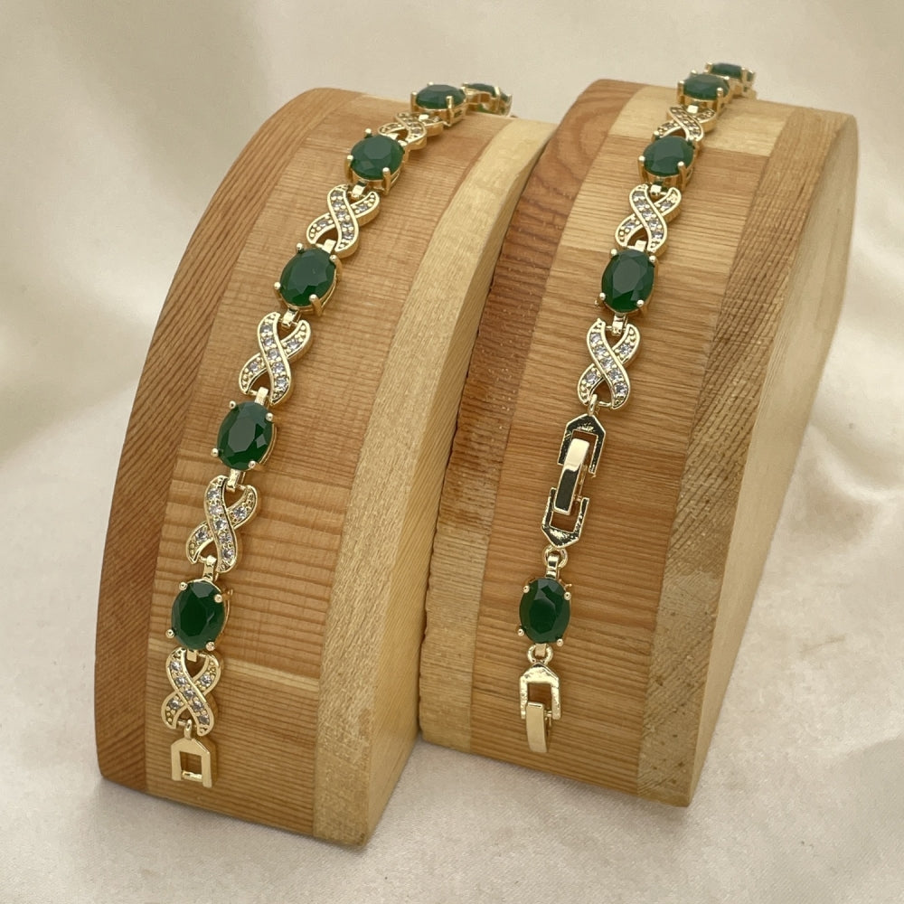 Oro Laminado Tennis Bracelet, Gold Filled Style Hugs and Kisses Design, with Green Cubic Zirconia and White Micro Pave, Polished, Golden Finish