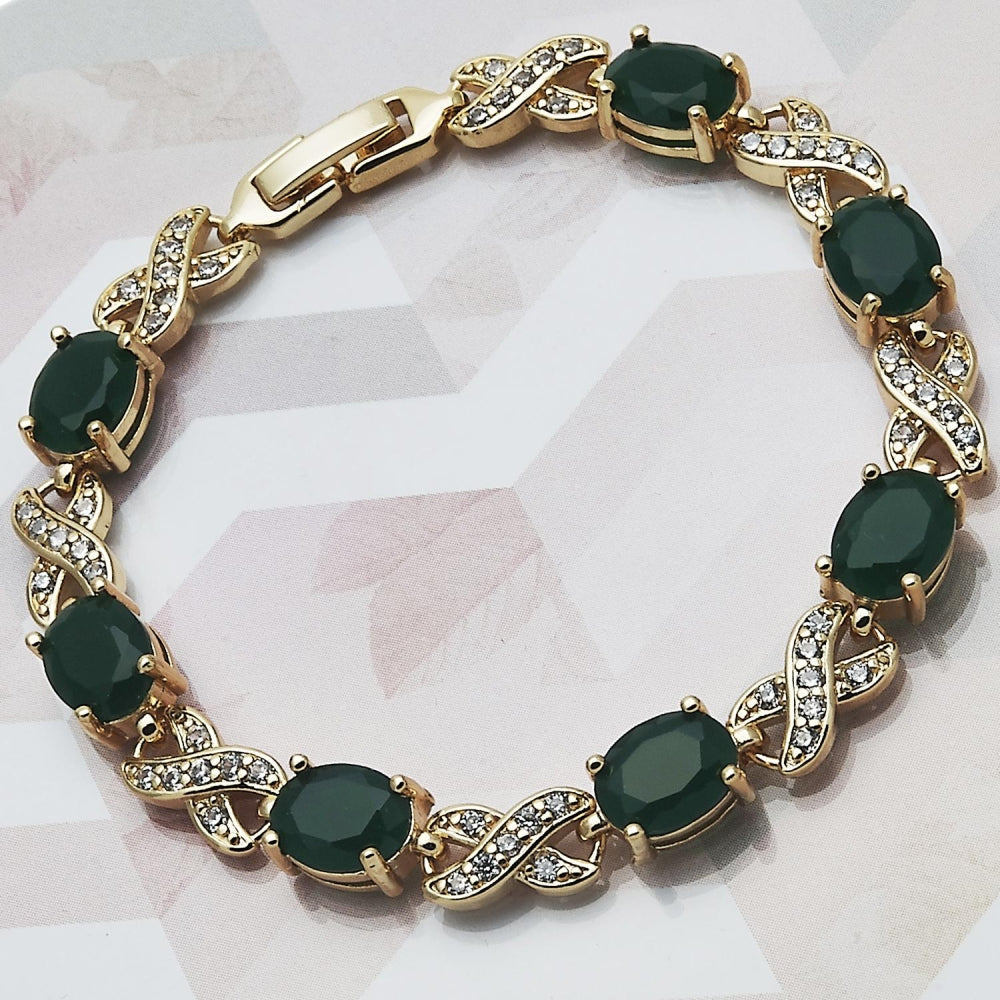 Oro Laminado Tennis Bracelet, Gold Filled Style Hugs and Kisses Design, with Green Cubic Zirconia and White Micro Pave, Polished, Golden Finish