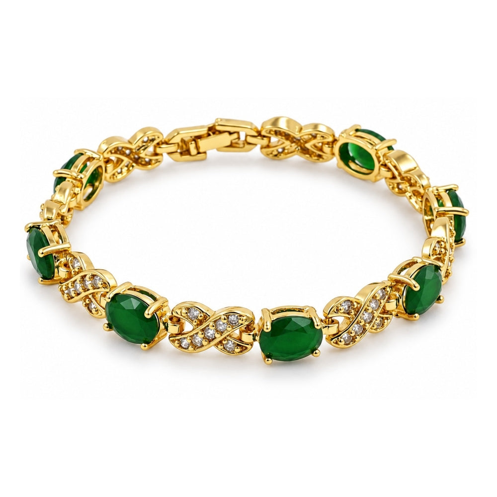 Oro Laminado Tennis Bracelet, Gold Filled Style Hugs and Kisses Design, with Green Cubic Zirconia and White Micro Pave, Polished, Golden Finish