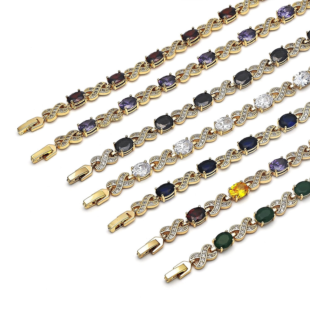 Oro Laminado Tennis Bracelet, Gold Filled Style Hugs and Kisses Design, with Green Cubic Zirconia and White Micro Pave, Polished, Golden Finish