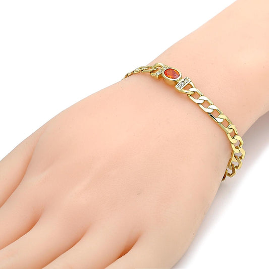 Oro Laminado Fancy Bracelet, Gold Filled Style Curb Design, with Orange Cubic Zirconia and White Crystal, Polished, Golden Finish