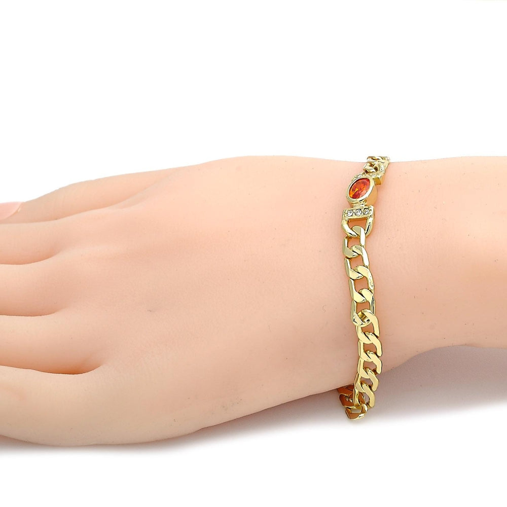 Oro Laminado Fancy Bracelet, Gold Filled Style Curb Design, with Orange Cubic Zirconia and White Crystal, Polished, Golden Finish