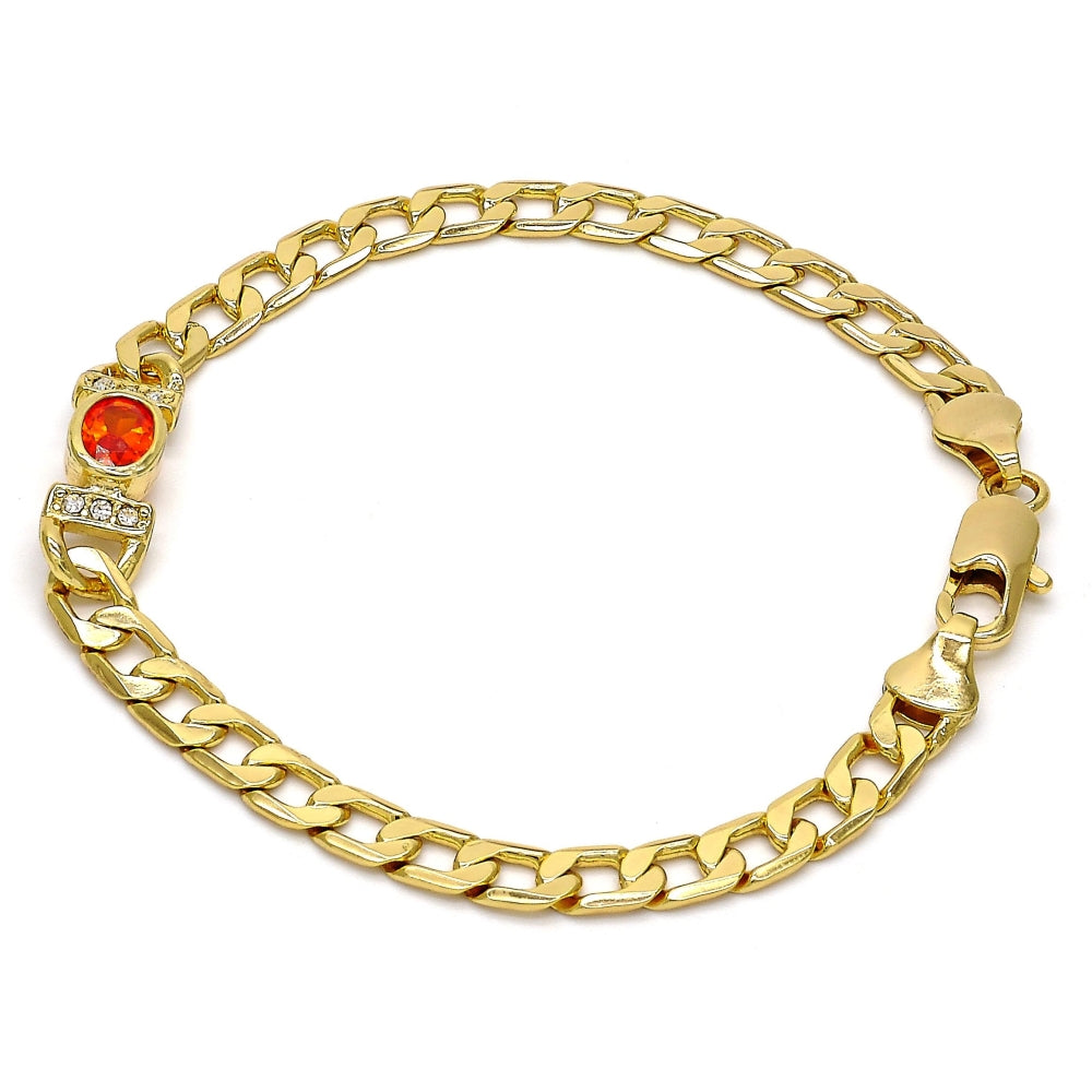 Oro Laminado Fancy Bracelet, Gold Filled Style Curb Design, with Orange Cubic Zirconia and White Crystal, Polished, Golden Finish