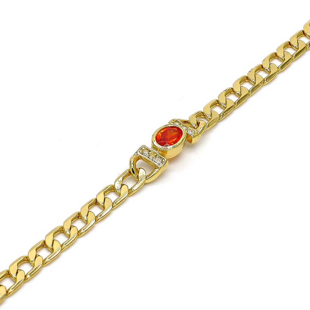 Oro Laminado Fancy Bracelet, Gold Filled Style Curb Design, with Orange Cubic Zirconia and White Crystal, Polished, Golden Finish