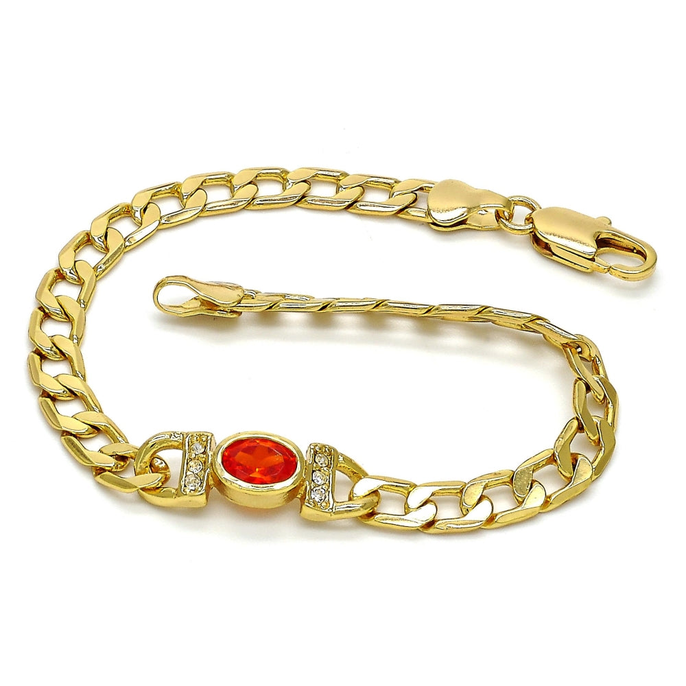Oro Laminado Fancy Bracelet, Gold Filled Style Curb Design, with Orange Cubic Zirconia and White Crystal, Polished, Golden Finish