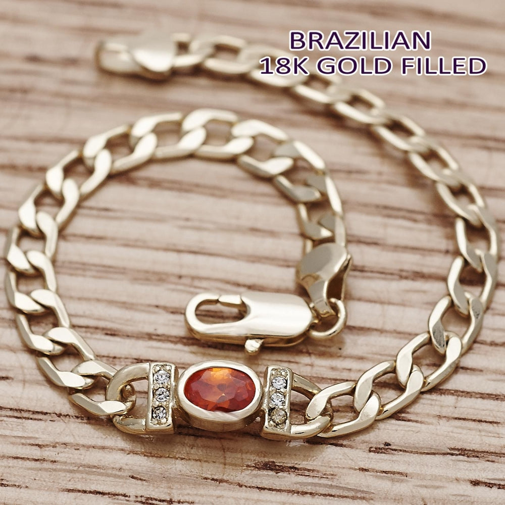 Oro Laminado Fancy Bracelet, Gold Filled Style Curb Design, with Orange Cubic Zirconia and White Crystal, Polished, Golden Finish