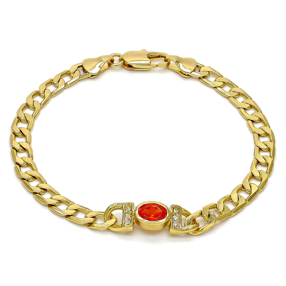 Oro Laminado Fancy Bracelet, Gold Filled Style Curb Design, with Orange Cubic Zirconia and White Crystal, Polished, Golden Finish