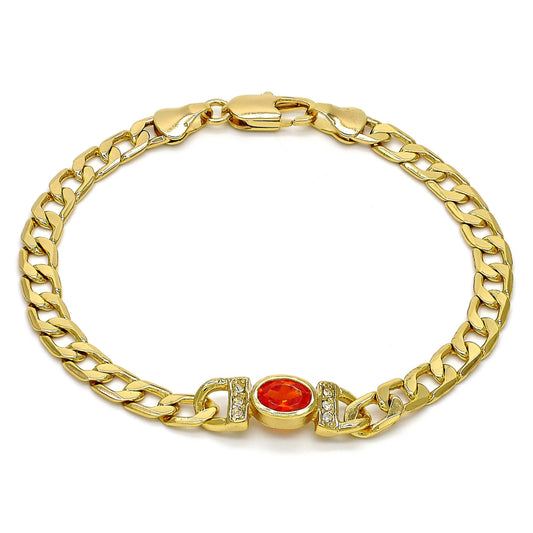 Oro Laminado Fancy Bracelet, Gold Filled Style Curb Design, with Orange Cubic Zirconia and White Crystal, Polished, Golden Finish